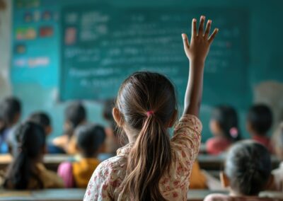 Ein Schulkind hebt im Klassenraum die Hand. Im Hintergrund sitzen weitere Kinder vor einer Tafel.