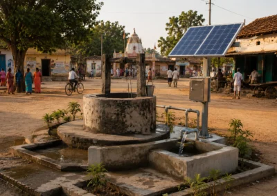 Solarbetriebener Dorfbrunnen. Die Photovoltaikanlage ermöglicht eine zuverlässige und nachhaltige Wasserversorgung für die Menschen im Dorf und verbessert Gesundheit, Hygiene und Lebensqualität.