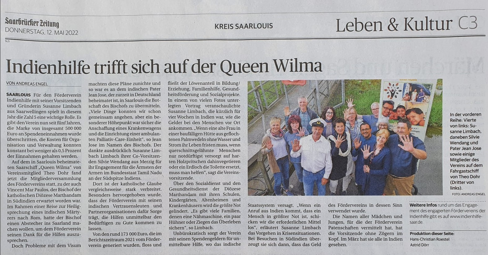 Zeitungsartikel "Indienhilfe trifft sich auf der Queen Wilma" in der Saarbrücker Zeitung vom 12. Mai 2022