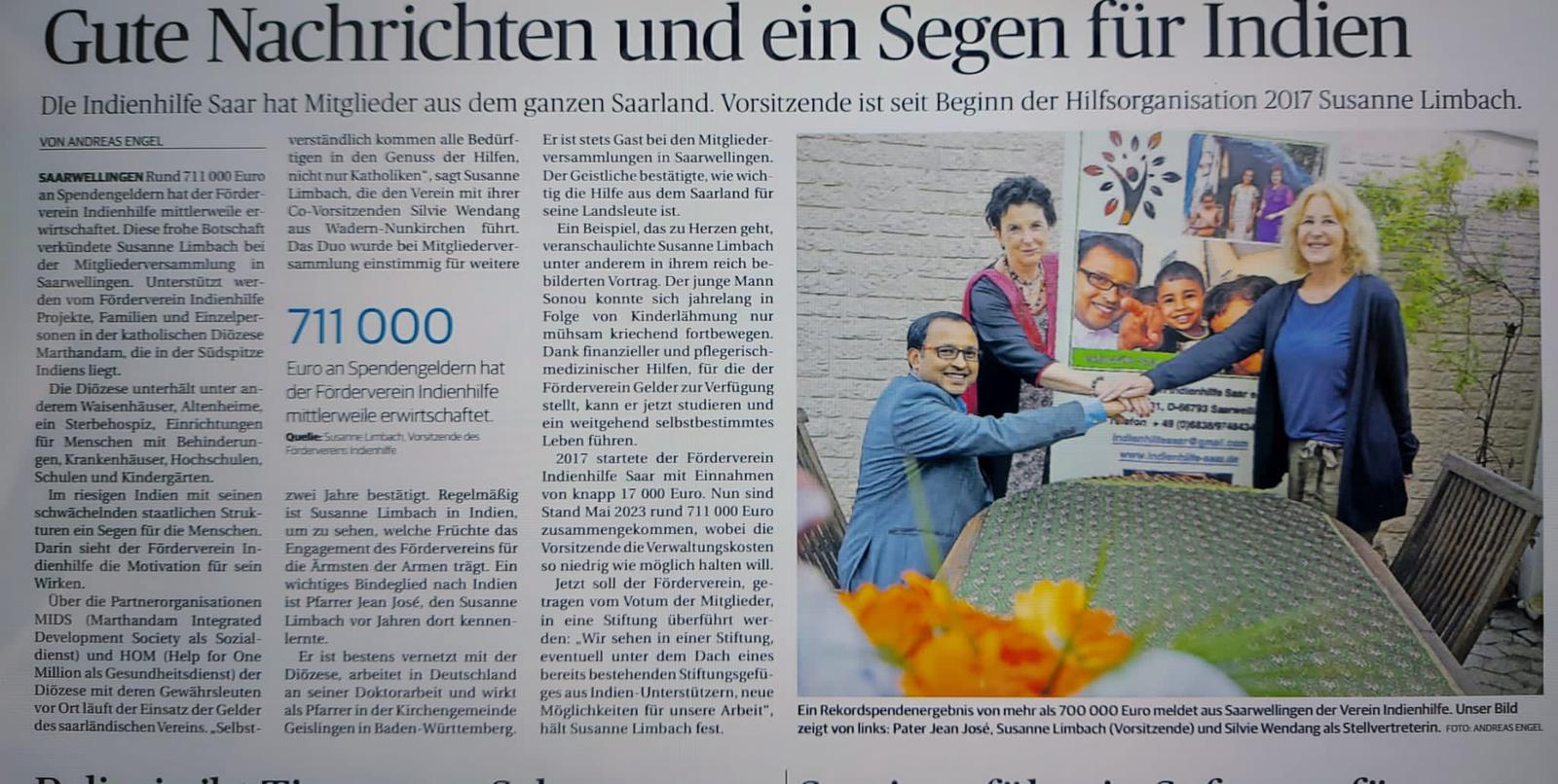 Gute Nachrichten und ein Segen für Indien, Artikel der Saarbrücker Zeitung vom 11.05.2023 Zeitungsartikel der Saarbrücker Zeitung vom 11. Mai 2023 "Gute Nachrichten und ein Segen für Indien" über die Arbeit der Indienhilfe Saar