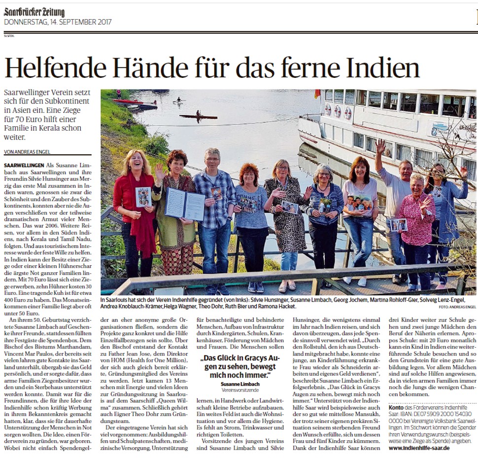 helfende Hände für das ferne Indien - Saarbrücker Zeitung 2017 Zeitungsartikel "Helfende Hände für das ferne Indien" in der Saarbrücker Zeitung vom 14. September 2017